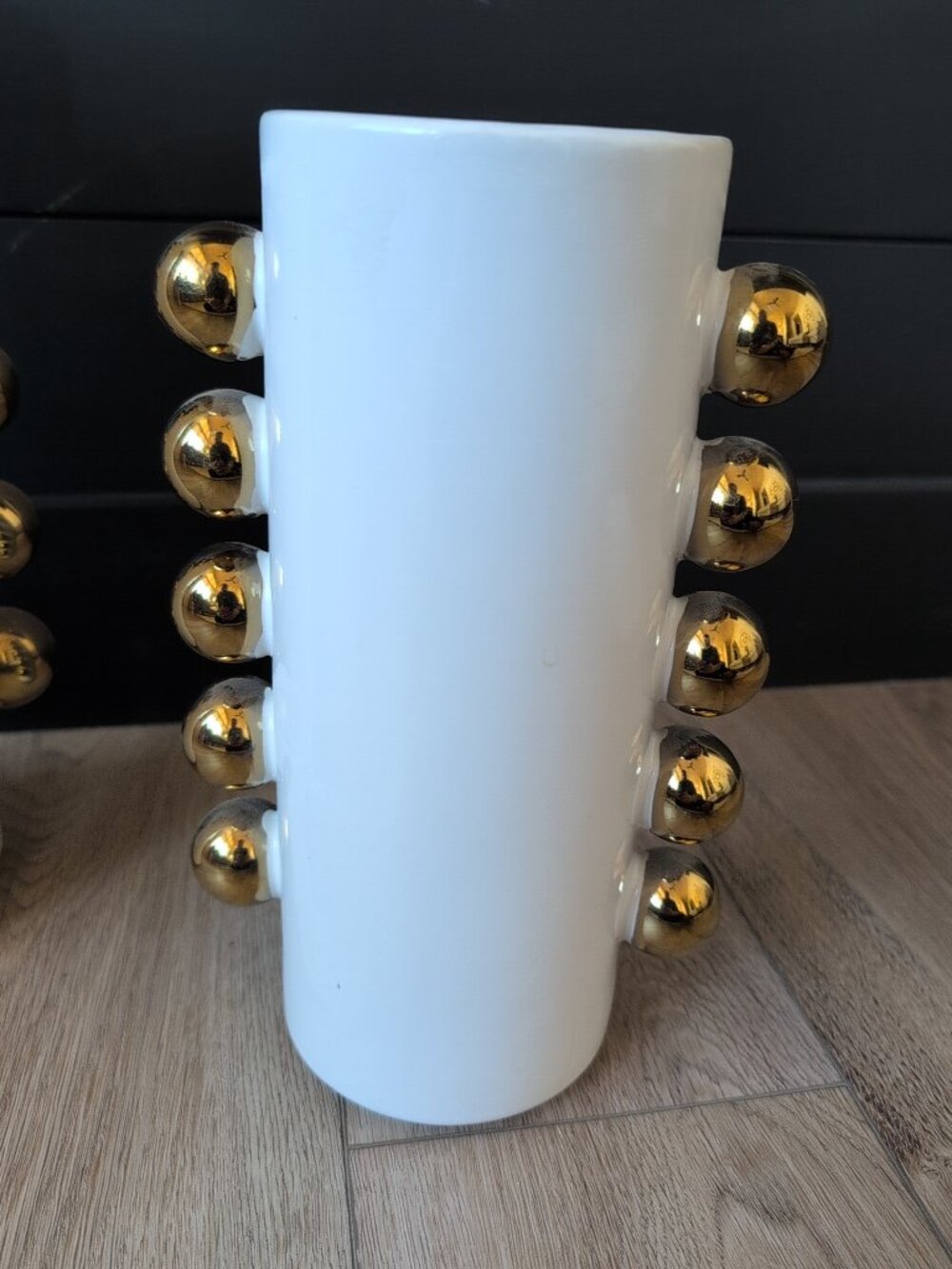 Set Of 2 Ceramic White Cylindrical Decorative Vases With Gold Accents - Picture 4 of 8